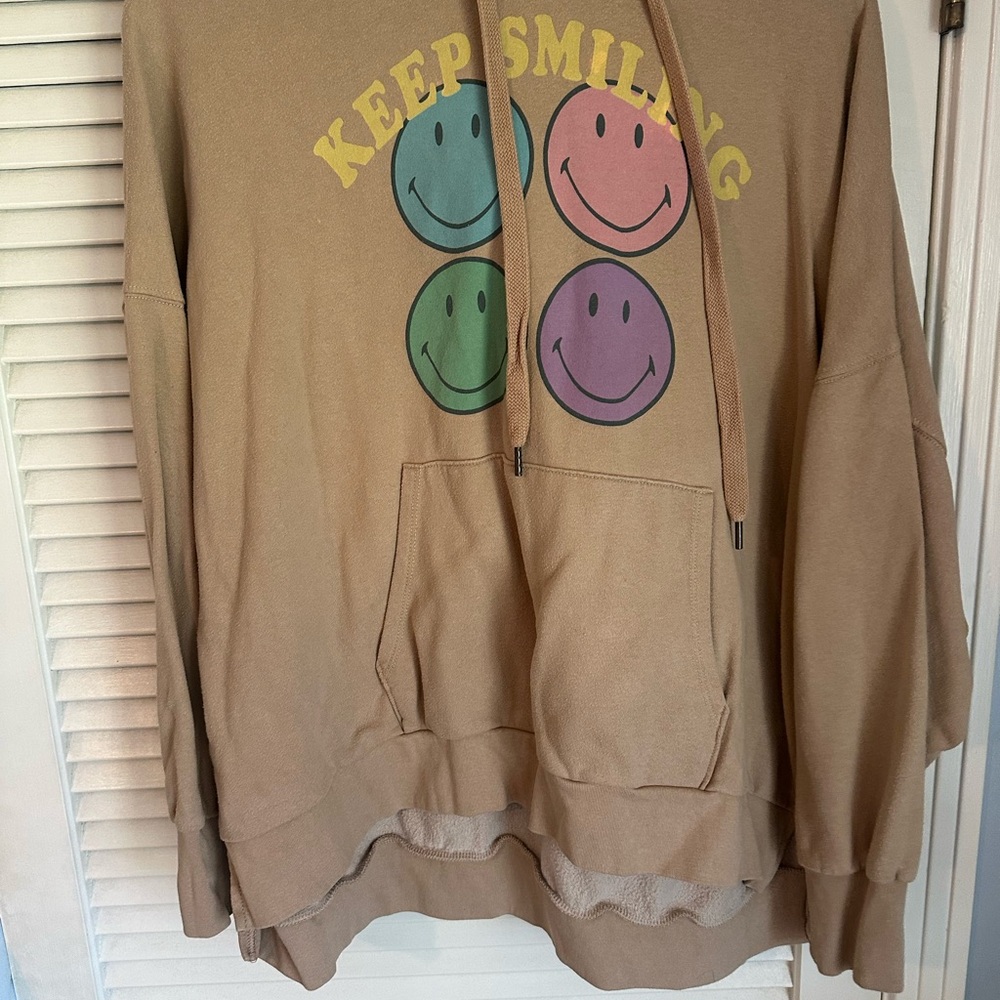 American Eagle Outfitters Tan Hoodie with Smiley Faces